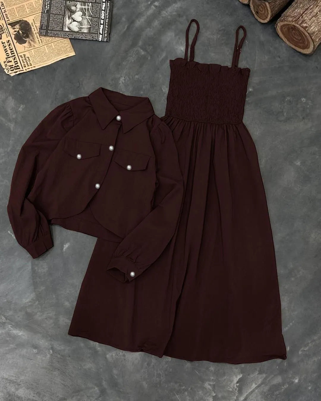 Women’s Kaaj Button Linen Coati with Gazzer Romper Frock – 2 Pcs Trendy Set