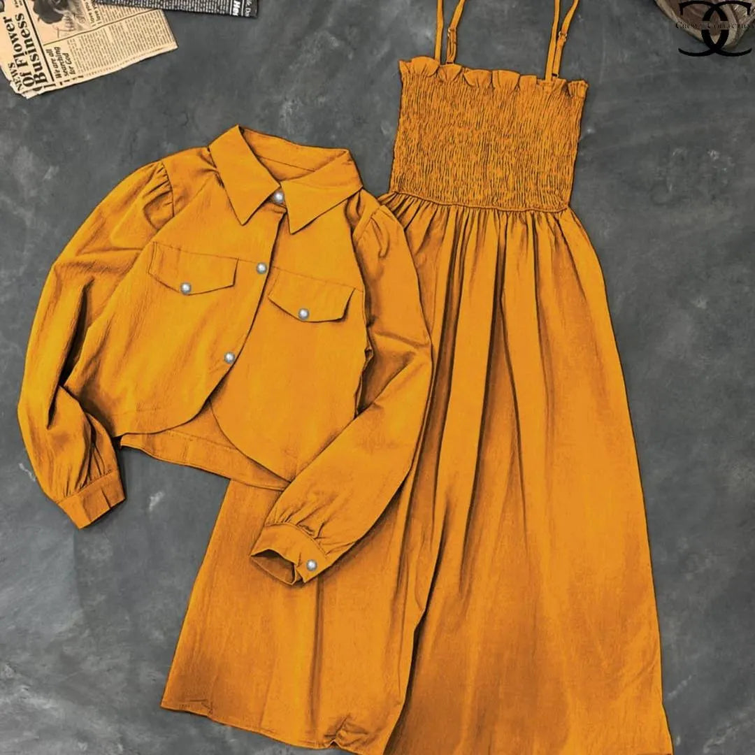 Women’s Kaaj Button Linen Coati with Gazzer Romper Frock – 2 Pcs Trendy Set