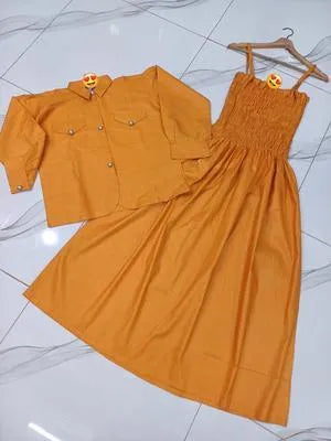 Women’s Kaaj Button Linen Coati with Gazzer Romper Frock – 2 Pcs Trendy Set