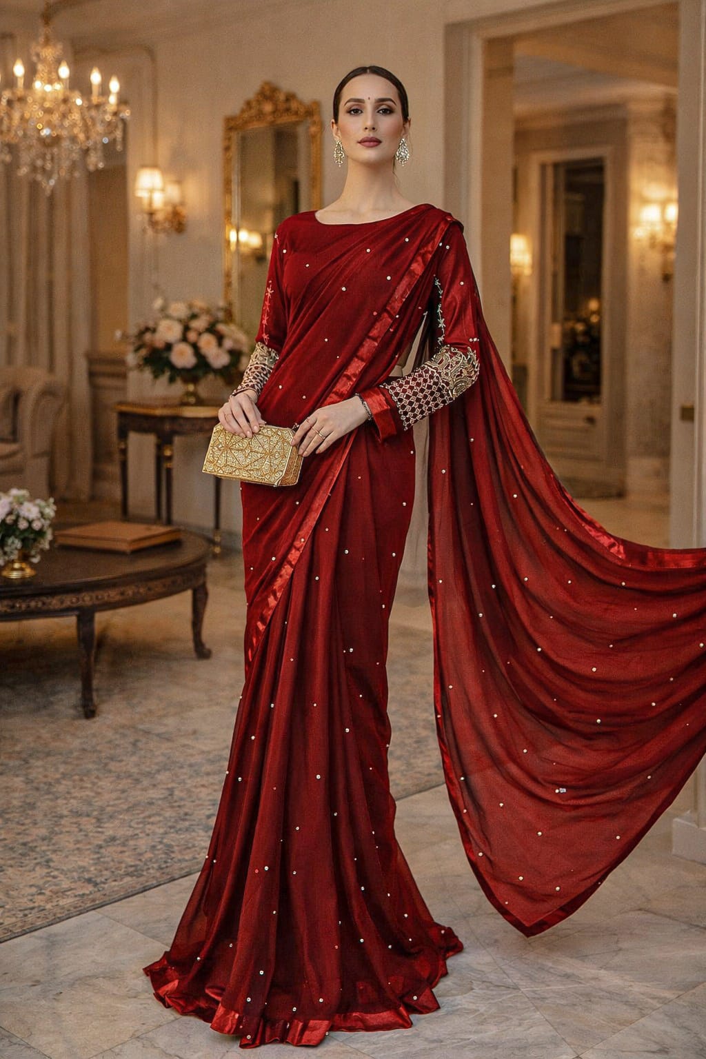 3 Pcs Women’s Stitched Red Crinkle Chiffon Saree Set with Sequins Embroidery – Party Wear