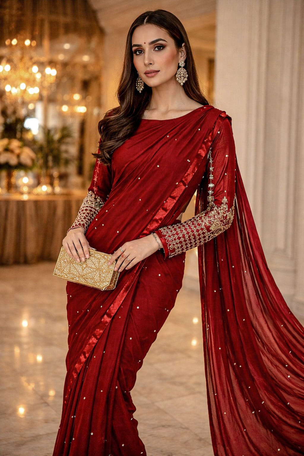 3 Pcs Women’s Stitched Red Crinkle Chiffon Saree Set with Sequins Embroidery – Party Wear