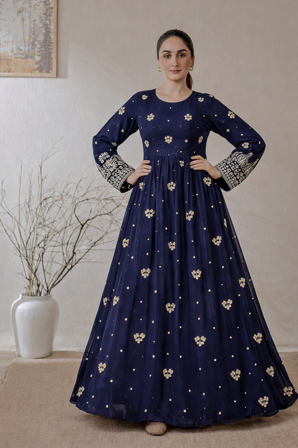 2 Pcs Women’s Stitched Chiffon Embroidered Frock & Trouser Set – Party Wear Collection