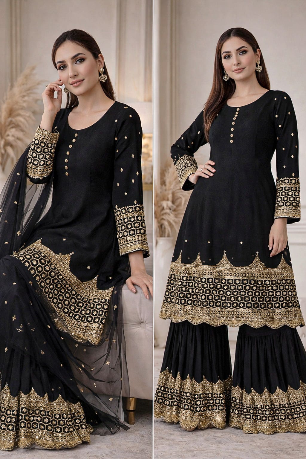 ✨ New Arrival 3 Pcs Women’s Stitched Shamoz Silk Sequins Embroidered Gharara Suit with Dupatta – Black Party Wear ✨