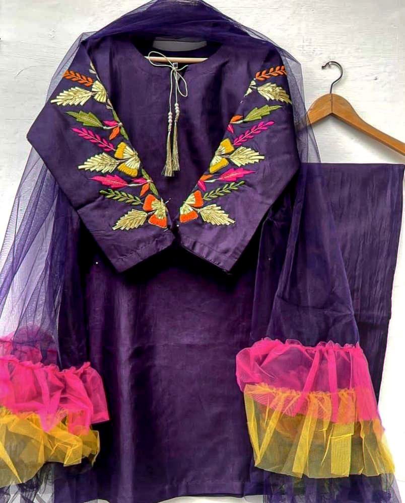 ✨ 3 Pcs Women’s Stitched Katan Silk Embroidered Suit – Premium Collection