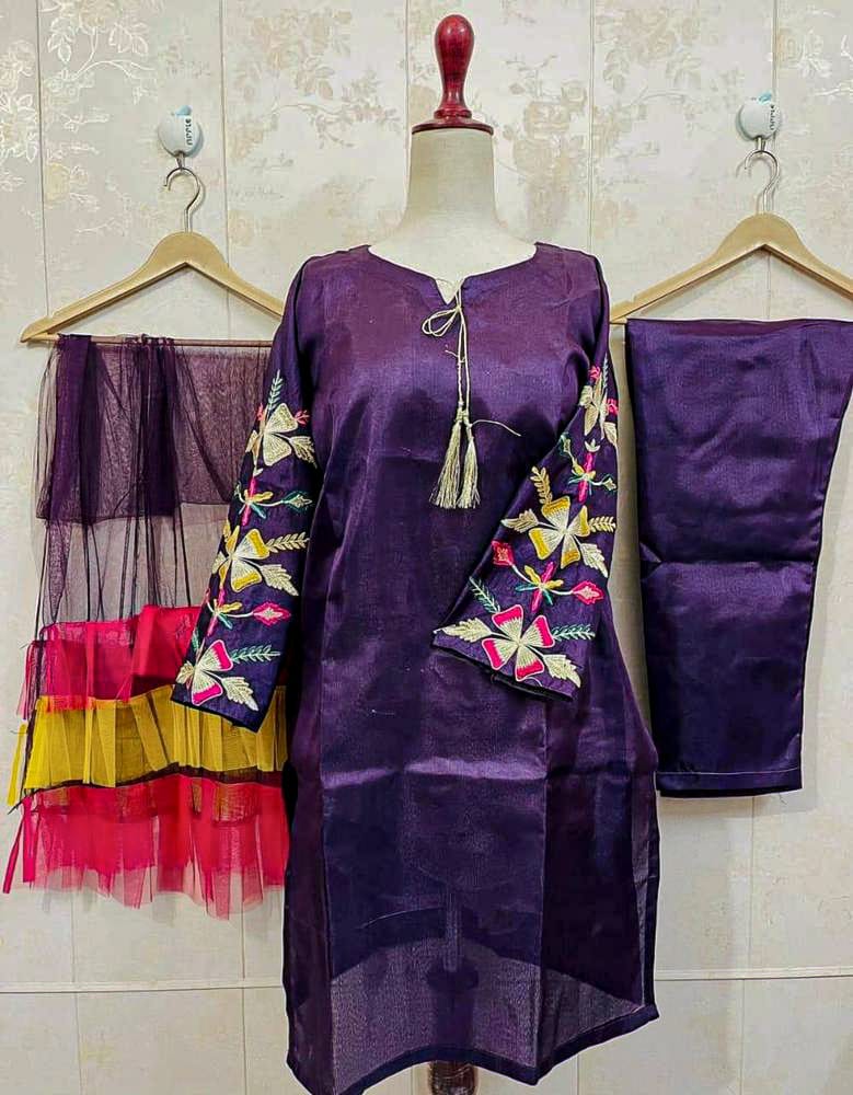 ✨ 3 Pcs Women’s Stitched Katan Silk Embroidered Suit – Premium Collection