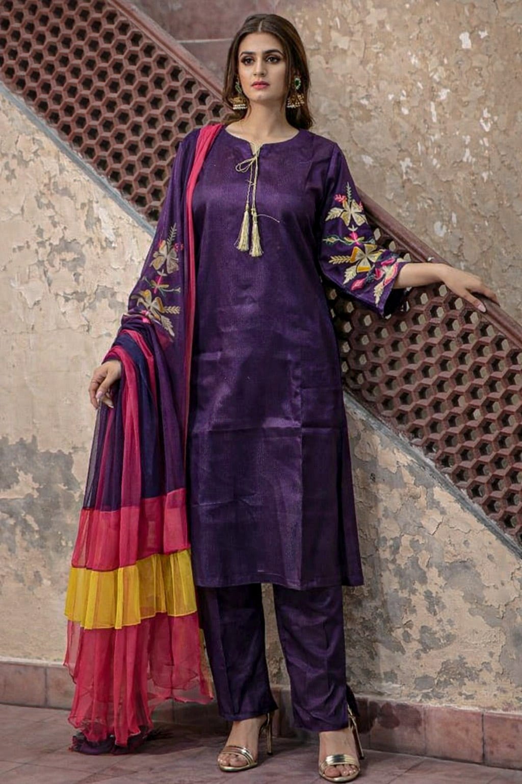 ✨ 3 Pcs Women’s Stitched Katan Silk Embroidered Suit – Premium Collection