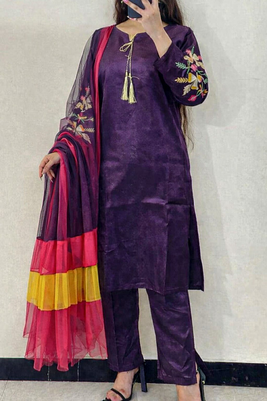 ✨ 3 Pcs Women’s Stitched Katan Silk Embroidered Suit – Premium Collection