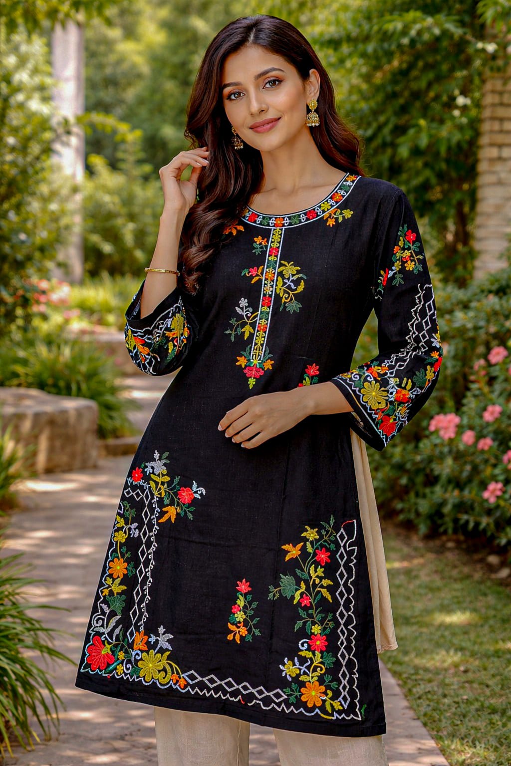 2 Pcs Women’s Black Linen Embroidered Stitched Suit | Premium Quality