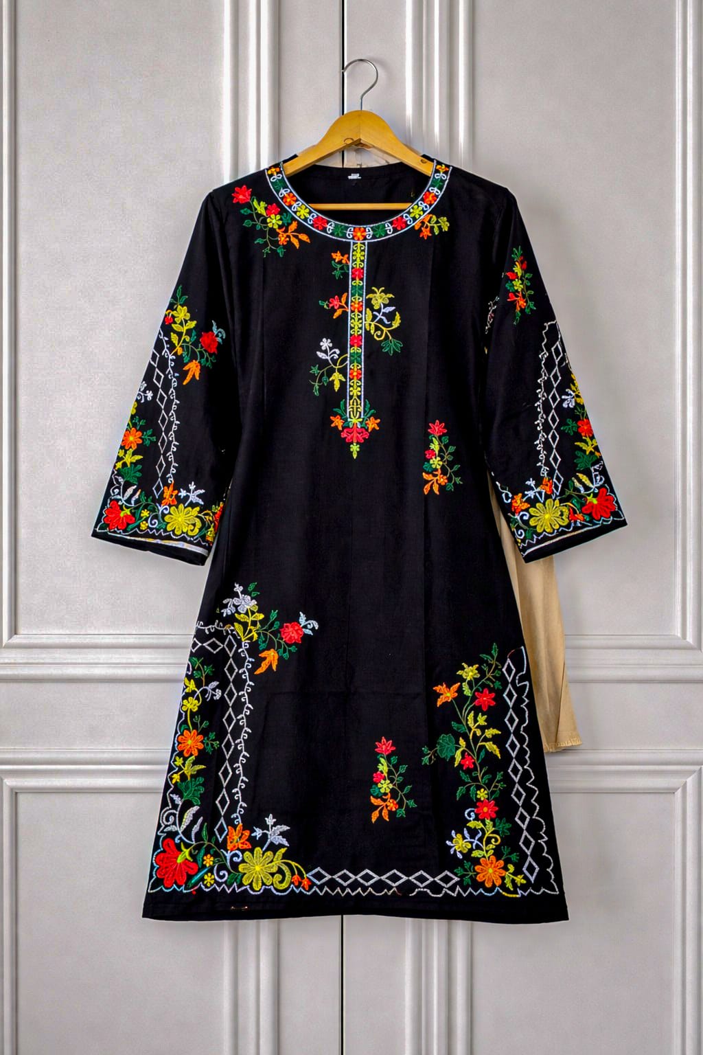 2 Pcs Women’s Black Linen Embroidered Stitched Suit | Premium Quality