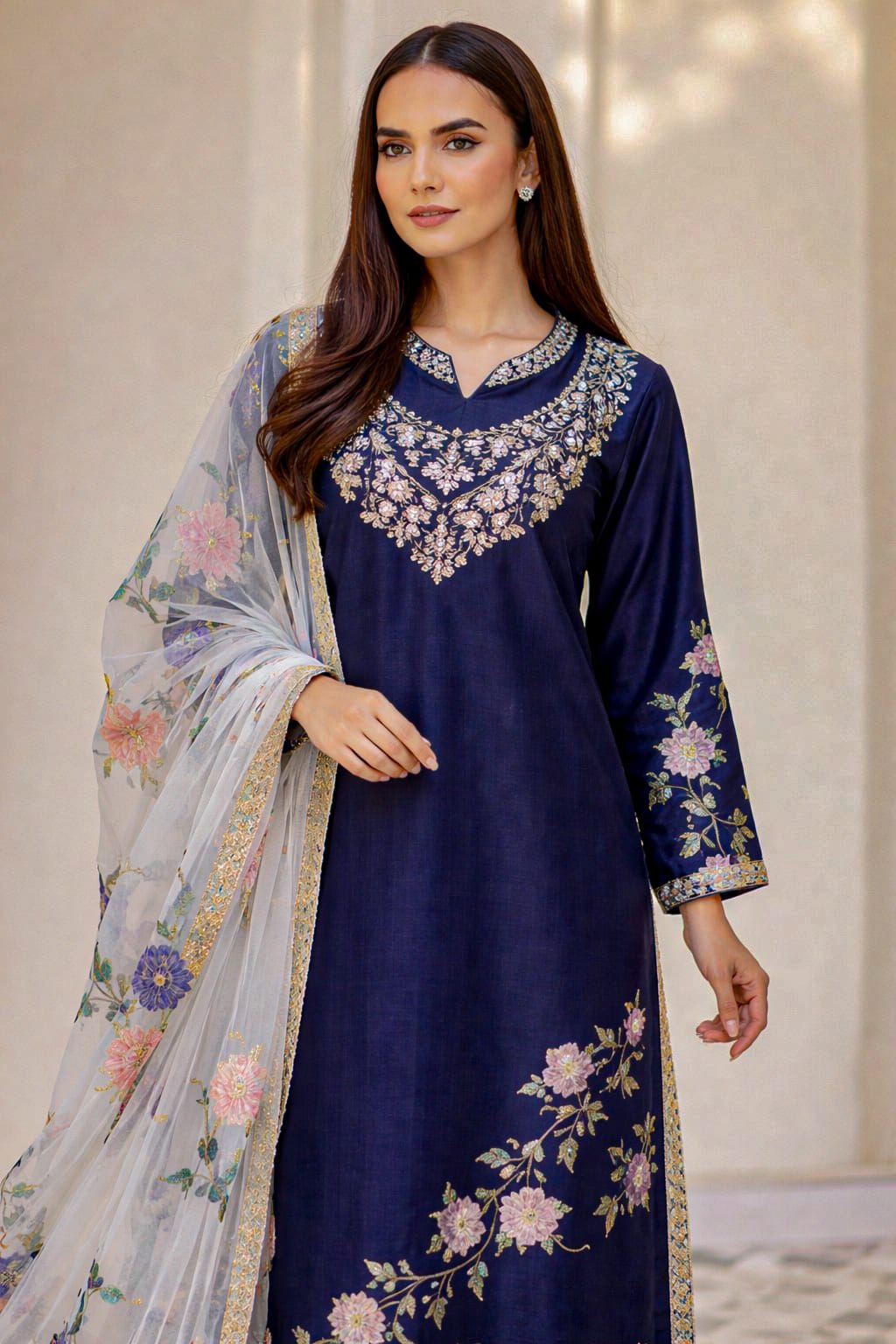 3 Pcs Women’s Unstitched Katan Silk Mirror Work Suit