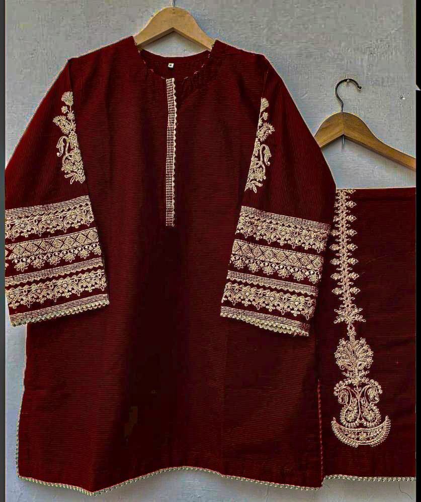 2 Pcs Women’s Stitched Katan Silk Tilla Embroidered Suit – Premium Quality