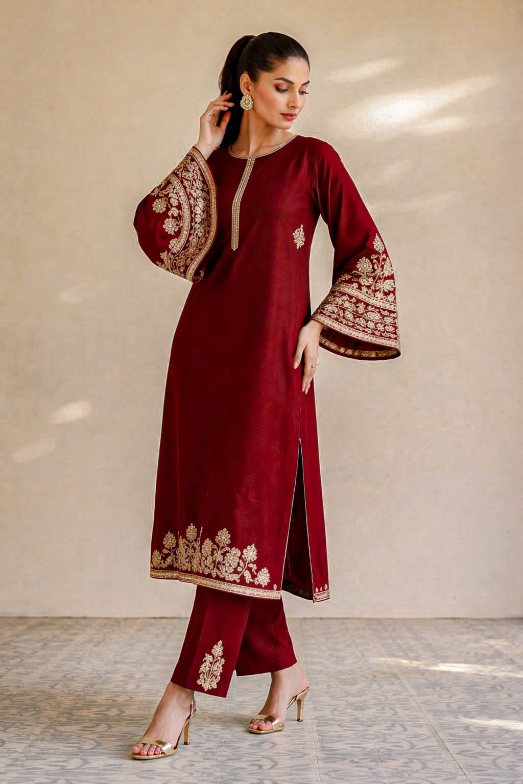 2 Pcs Women’s Stitched Katan Silk Tilla Embroidered Suit – Premium Quality