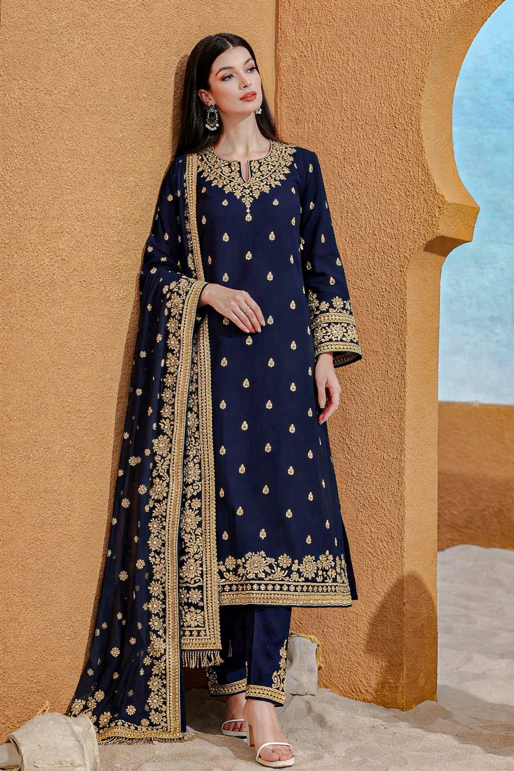 3 Pcs Women’s Stitched Crinkle Chiffon Embroidered Suit – Premium Quality