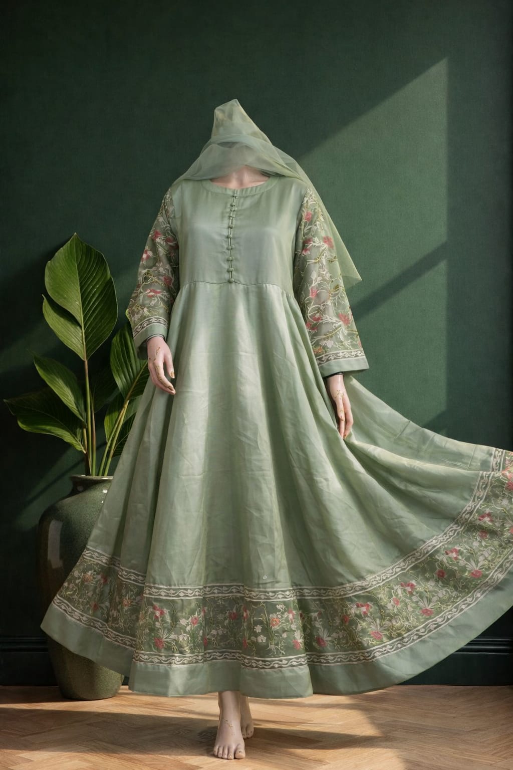 Women’s 3 Piece Stitched Katan Silk Embroidered Maxi Suit – Gown with Trouser & Dupatta