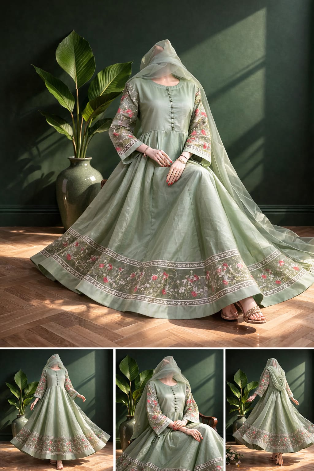 Women’s 3 Piece Stitched Katan Silk Embroidered Maxi Suit – Gown with Trouser & Dupatta