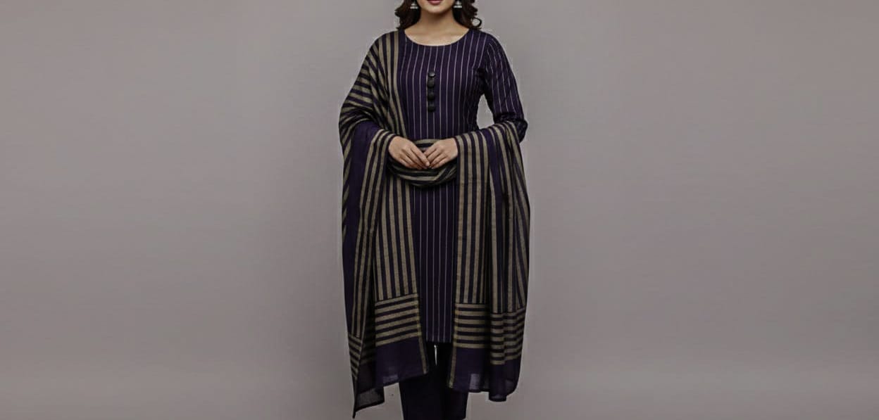 Women’s 3 Pcs Printed Swiss Lawn Suit – Unstitched Purple Dress with Dupatta