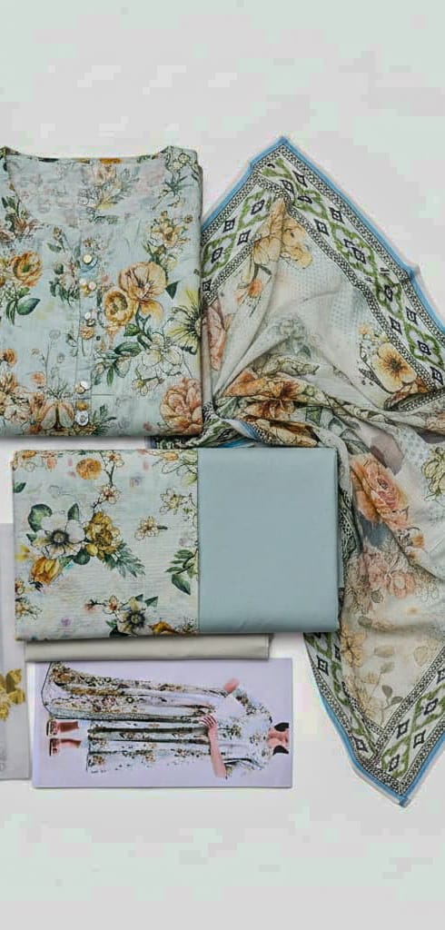 Women’s 3 Pcs Printed Lawn Suit – Eid Special Collection | Unstitched Green Dress