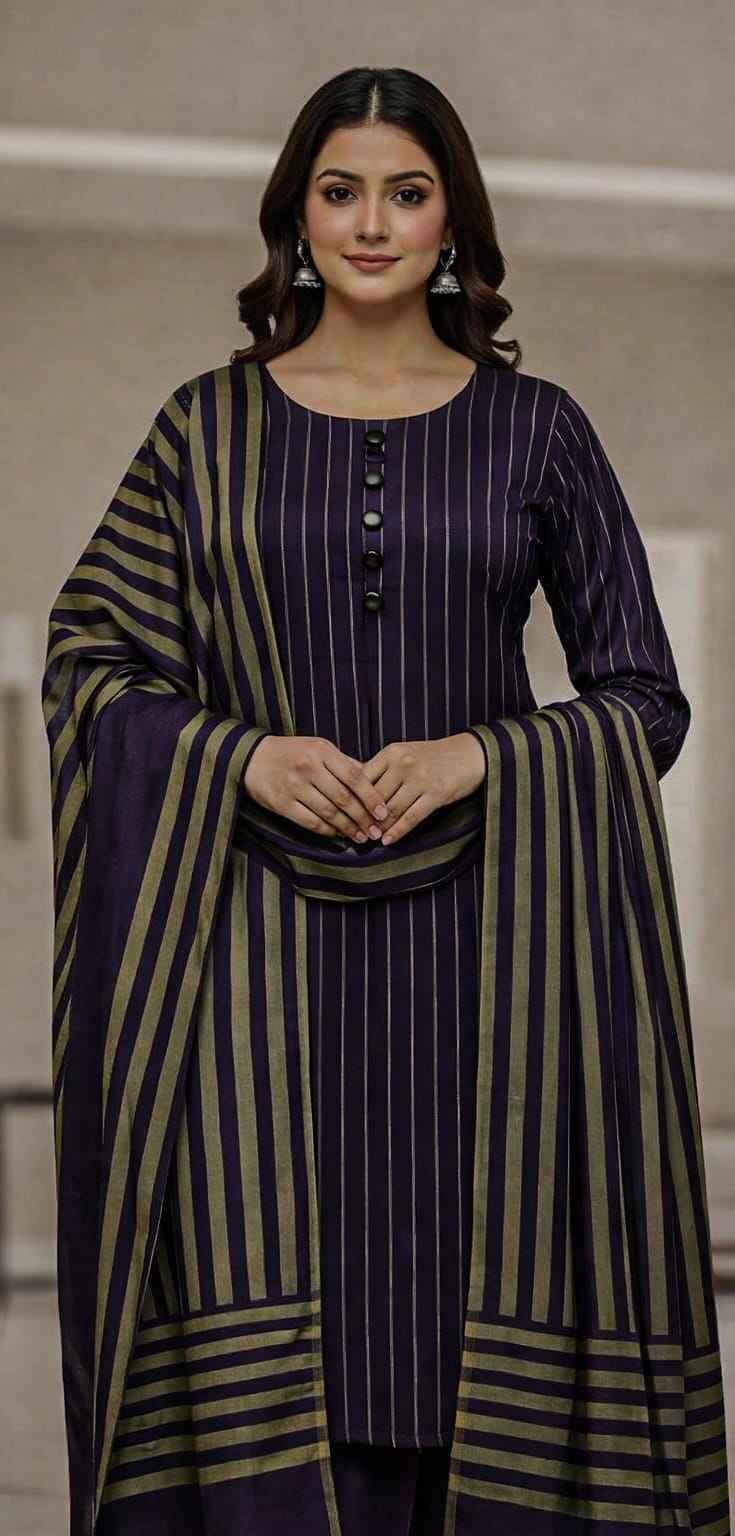 Women’s 3 Pcs Printed Swiss Lawn Suit – Unstitched Purple Dress with Dupatta