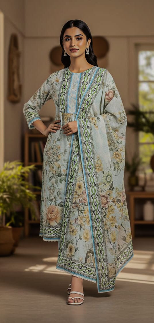 Women’s 3 Pcs Printed Lawn Suit – Eid Special Collection | Unstitched Green Dress
