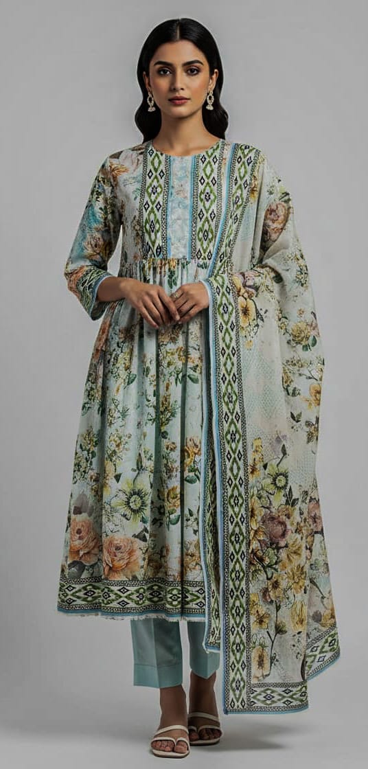 Women’s 3 Pcs Printed Lawn Suit – Eid Special Collection | Unstitched Green Dress