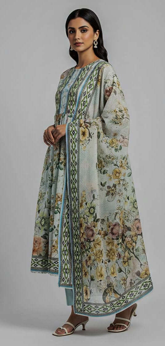 Women’s 3 Pcs Printed Lawn Suit – Eid Special Collection | Unstitched Green Dress