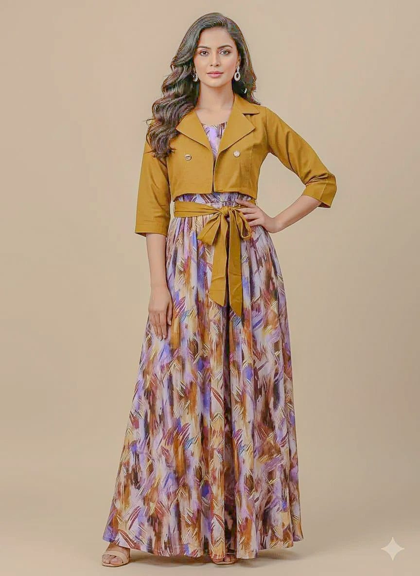 2 Pcs Women’s Stitched Cotton Lawn Plain Maxi & Jacket Set – Mustard