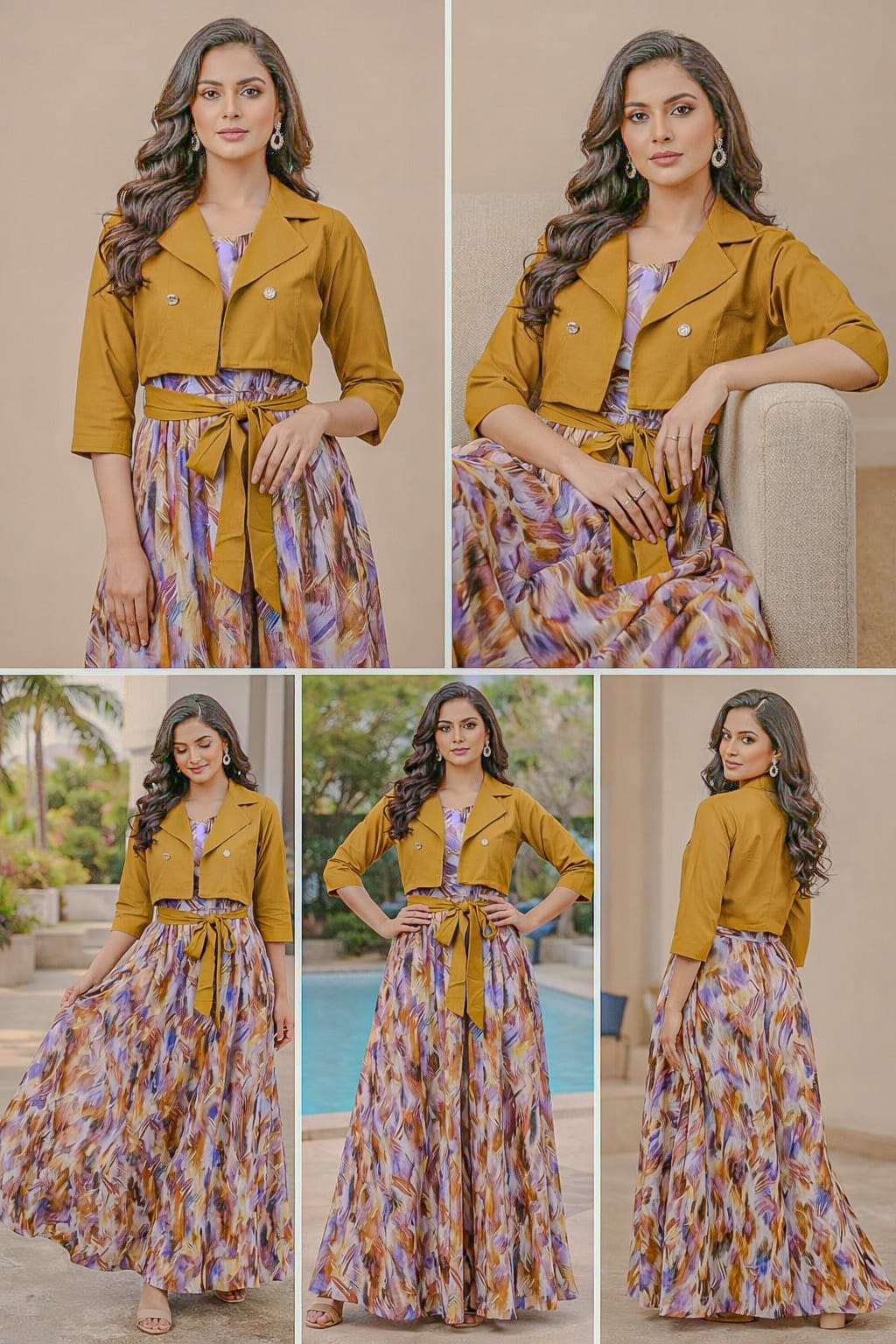 2 Pcs Women’s Stitched Cotton Lawn Plain Maxi & Jacket Set – Mustard