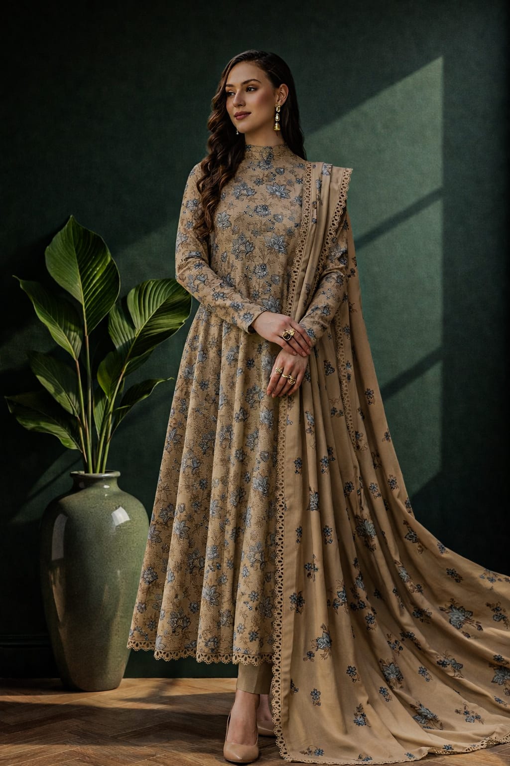 Winter Collection 2025 Women’s 3 Pcs Embroidered Dhanak Suit – Unstitched Beige Dress