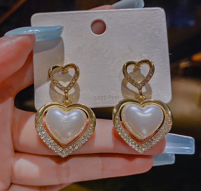 Women’s Gold Plated Heart Design Earrings with Gemstone – 2 Pcs Set