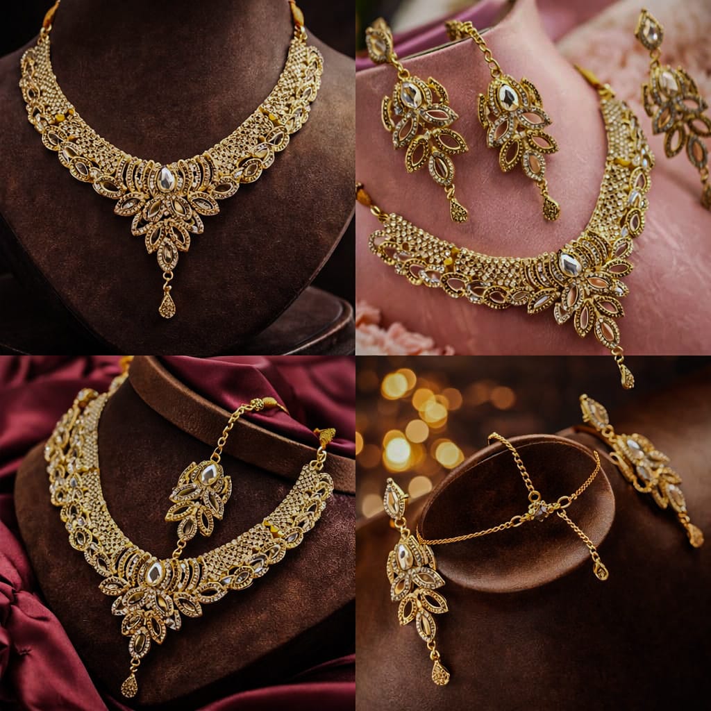 Women’s Golden Necklace Set with Earrings, Bindi & Dori – 4 Pcs Gift Set